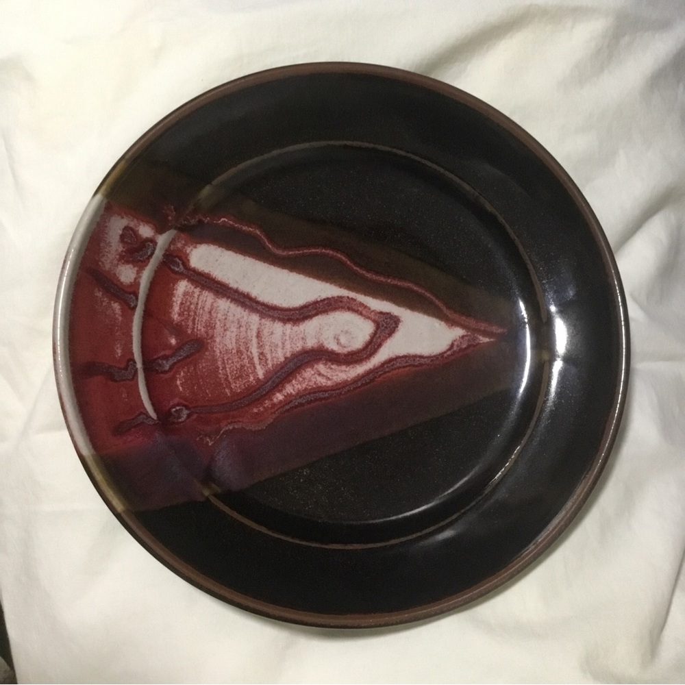 Studio Art Pottery Hand-Thrown 10” Abstract Glaze Ceramic Signed Red Brown